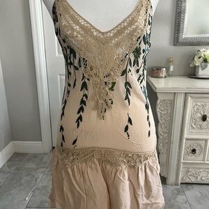 Free People Cream Floral Slip Dress with Green Leaf Print